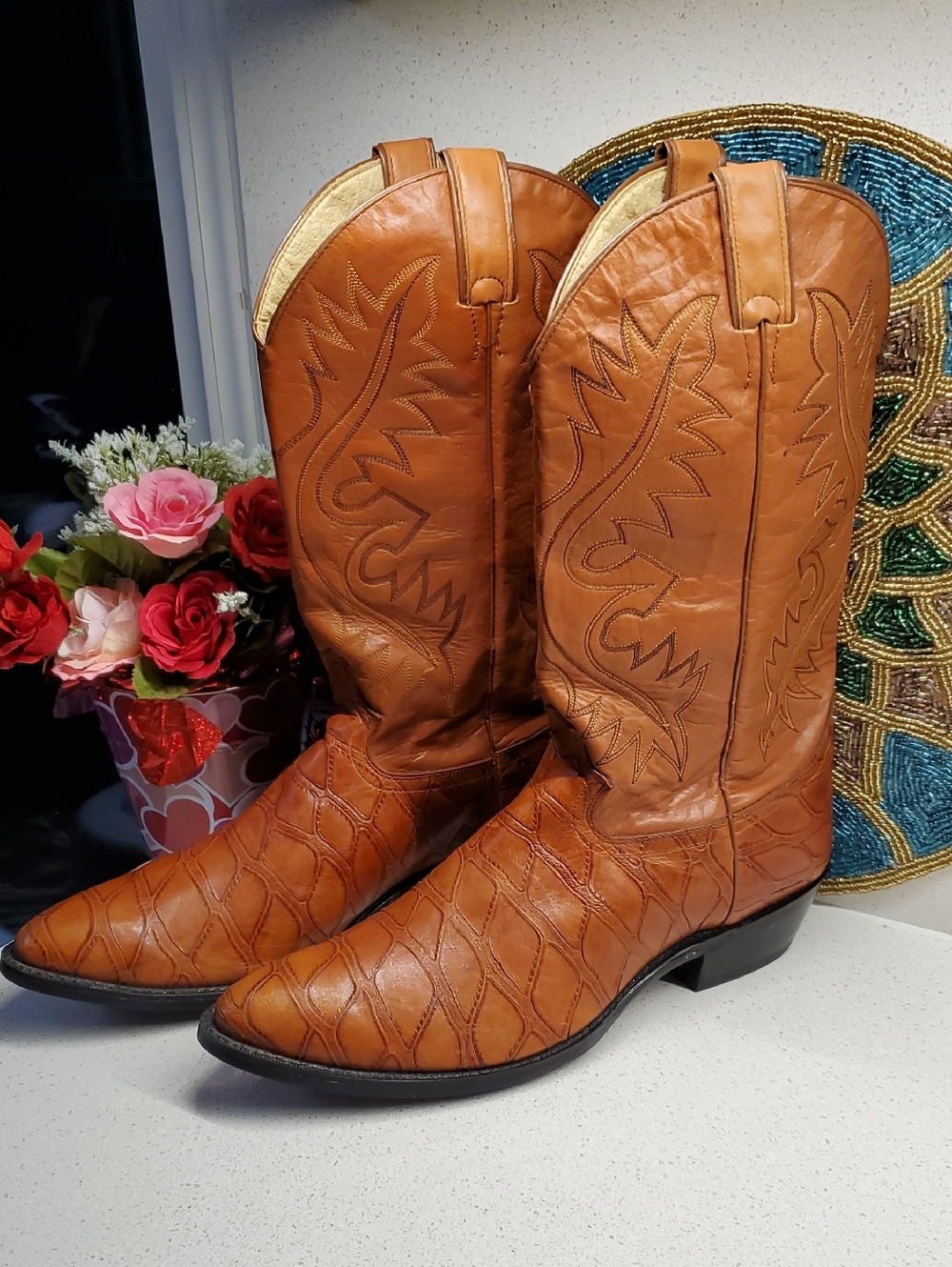 Men's JUSTIN CO Cognac Brown Western Cowboy Boots with Stitched Shaft (sz 12)